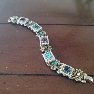 Vintage Gold Tone Panel Bracelet with Faux Pearls and Multi Color Rhinestones